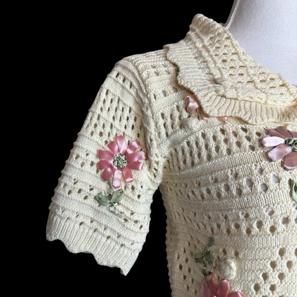 Y2K Open Knit Crochet Polo Sweater Button Up Top Floral Cottage Fairy Peasant - Picture 2 of 7